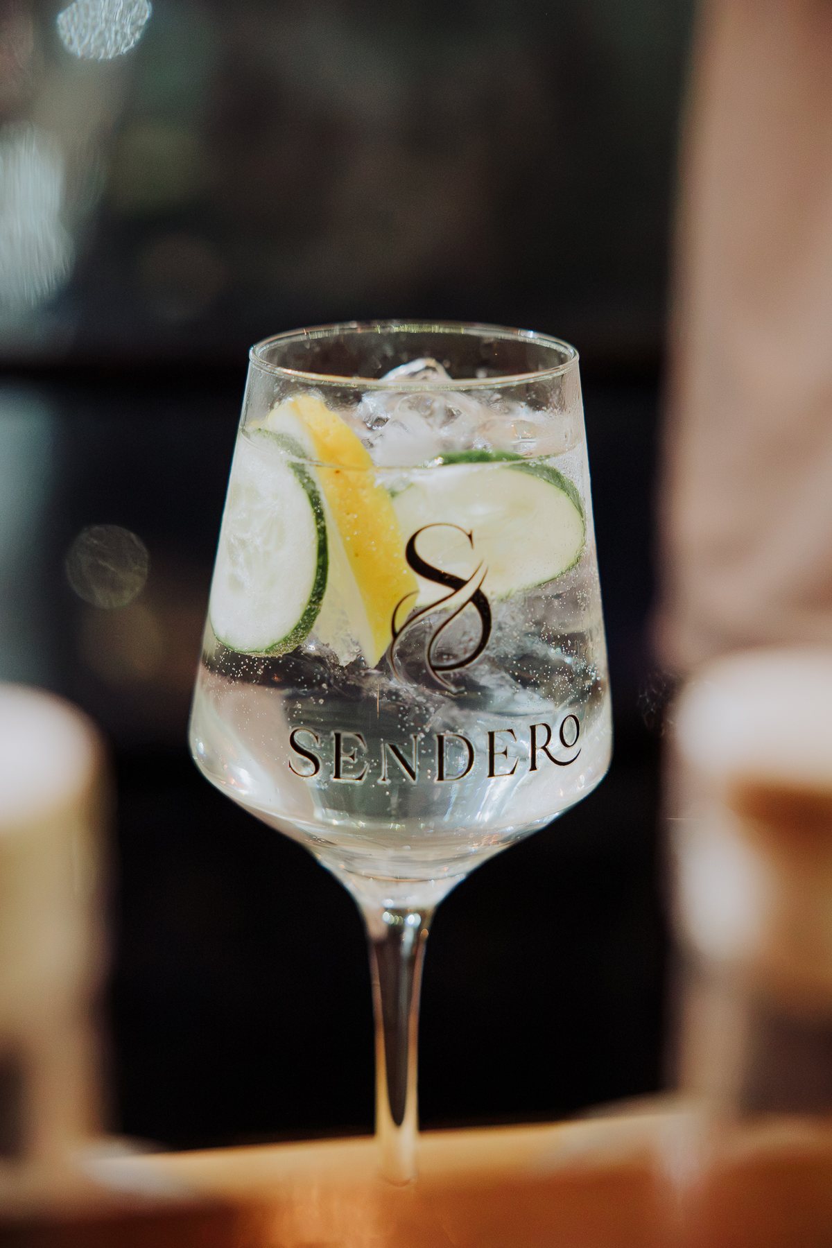 Gin tonic servido en una copa Sendero con limón y pepino